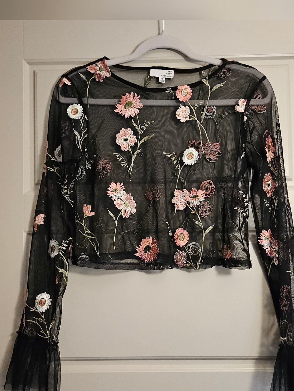 Ten Sixty Sherman Floral Embroidered Black Mesh Long-Sleeve Top - Size XS